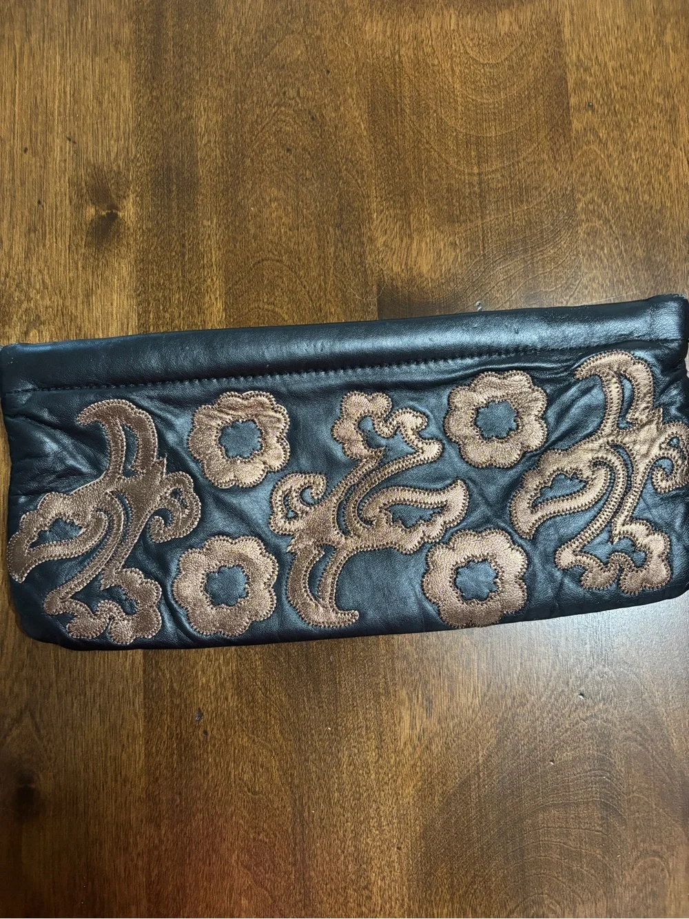 Women's Black Leather Clutch with Brown Floral Embroidery